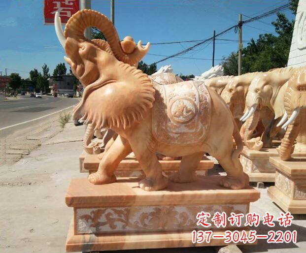 石家庄鼻子朝天晚霞红门口大象石雕