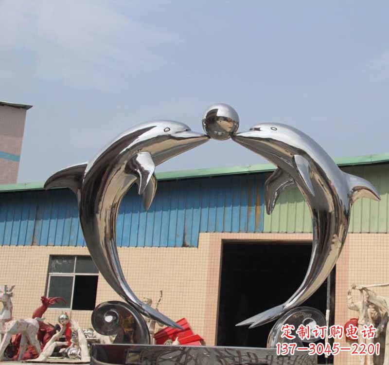 石家庄不锈钢公园镜面海豚顶球雕塑