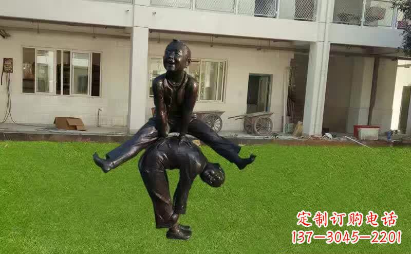 石家庄卡通青少年跳马铜雕塑