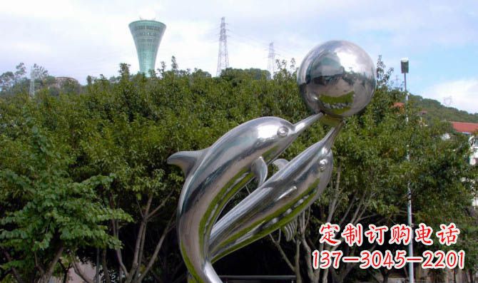 石家庄公园不锈钢海豚顶球雕塑
