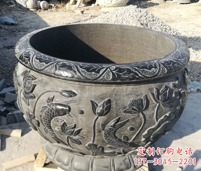 石家庄青石仿古雕塑荷花水缸