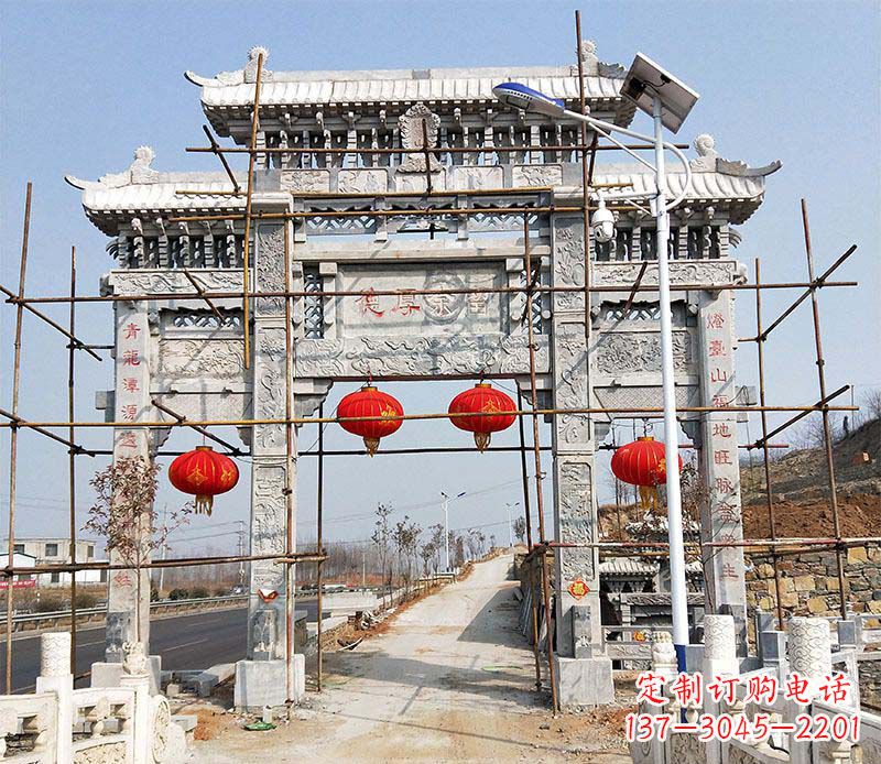 石家庄传统工艺精致三门牌坊石雕