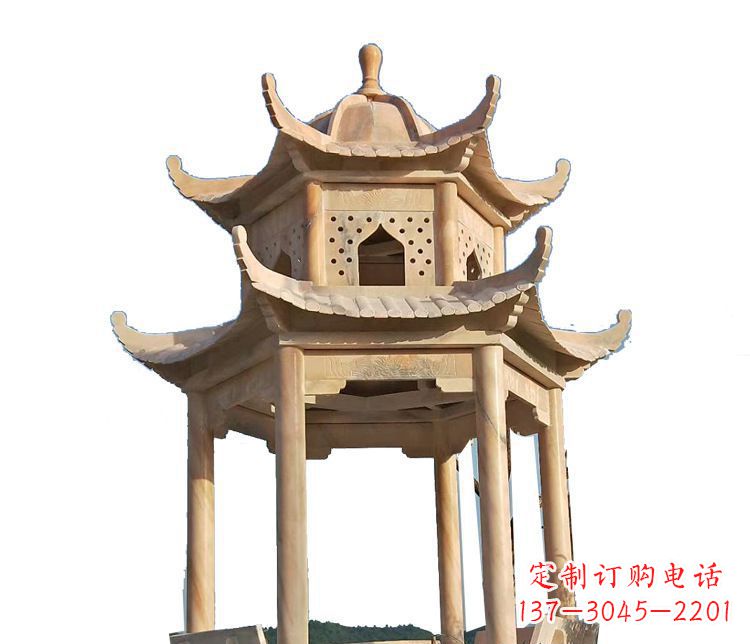 石家庄双层晚霞红凉亭石雕 (2)