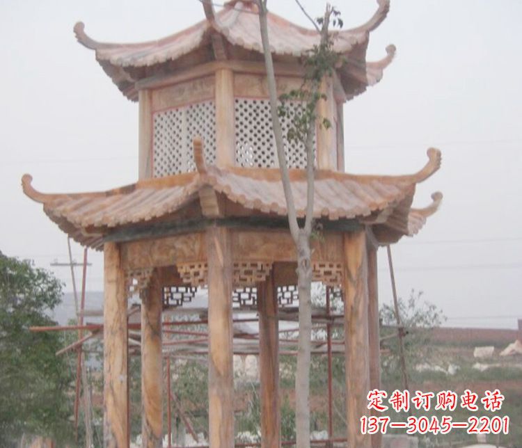 石家庄双层晚霞红石凉亭石雕 (2)