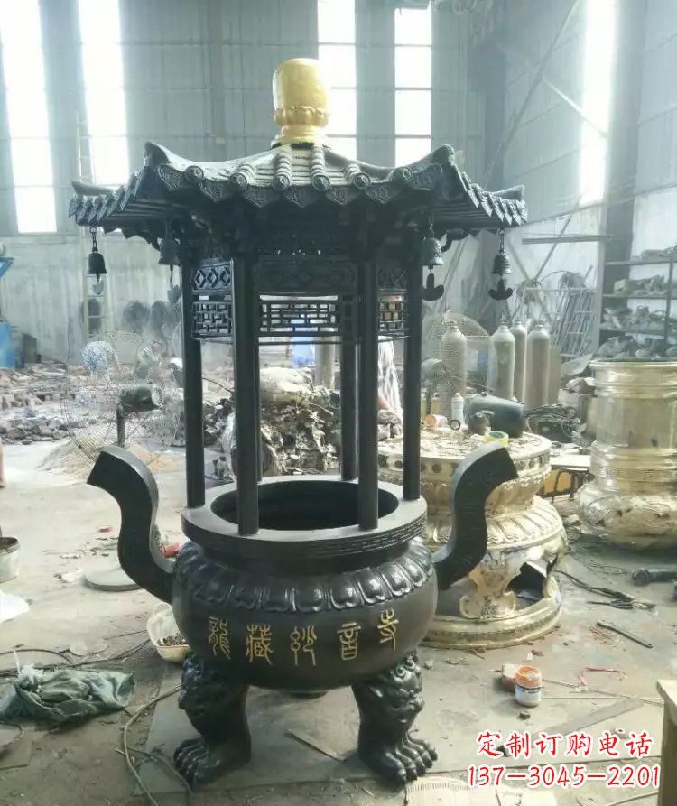 石家庄寺庙圆香炉铜雕 (2)