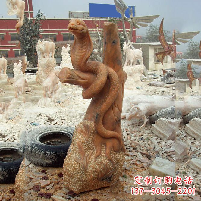 石家庄晚霞红蛇石雕-12生肖动物雕塑