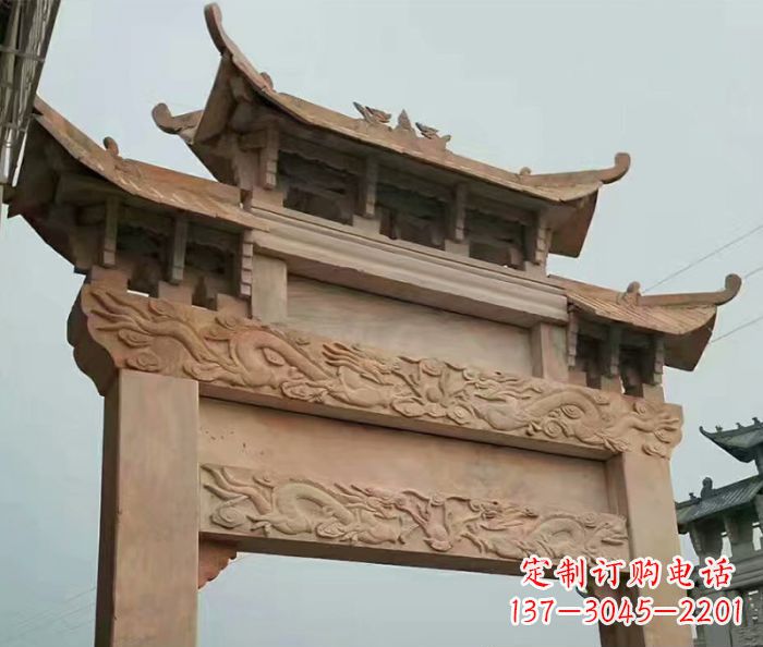石家庄晚霞红石雕单门牌坊