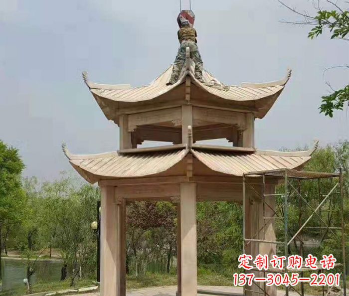 石家庄晚霞红双层凉亭石雕 (2)