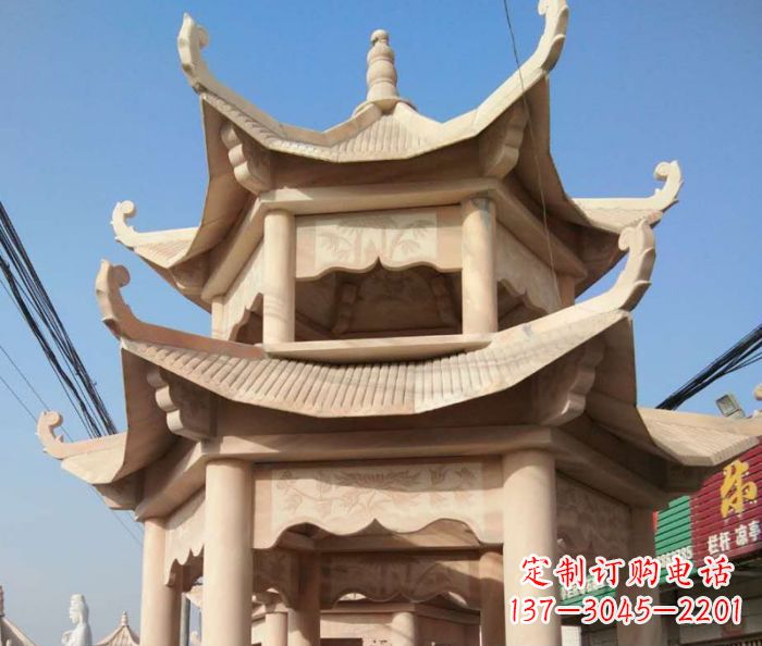 石家庄园林景观晚霞红双层石雕凉亭 (2)