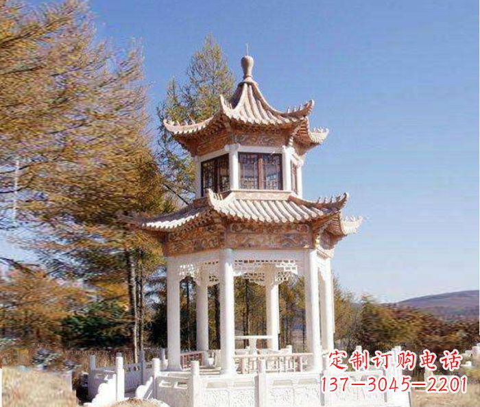 石家庄园林景观晚霞红双层石雕凉亭 (3)