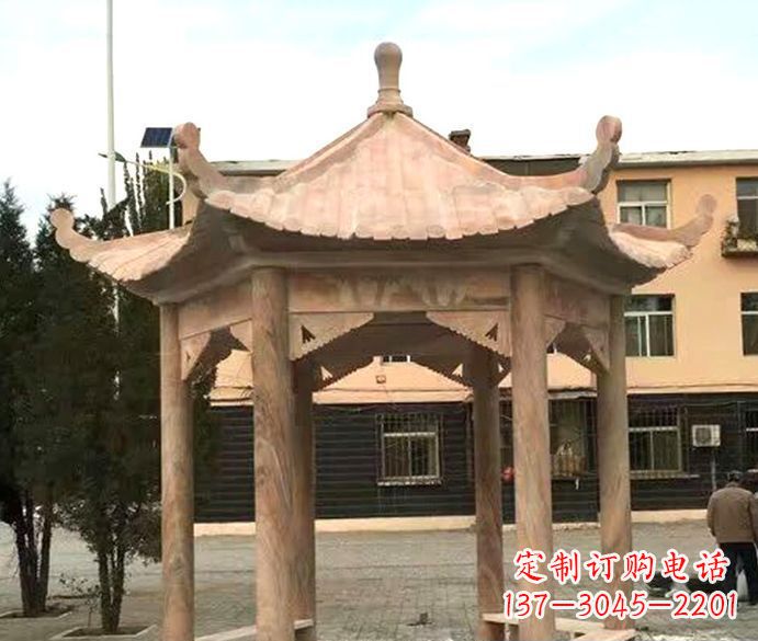 石家庄园林晚霞红六角石雕凉亭
