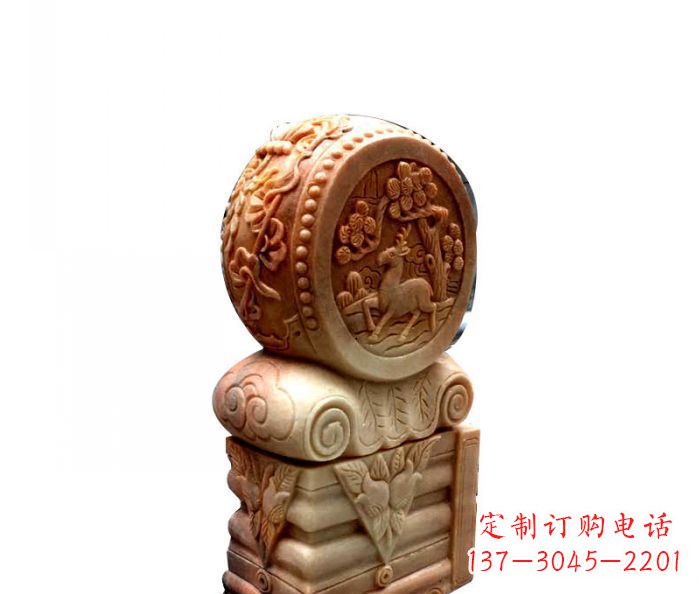 石家庄招财石门墩晚霞红抱鼓石